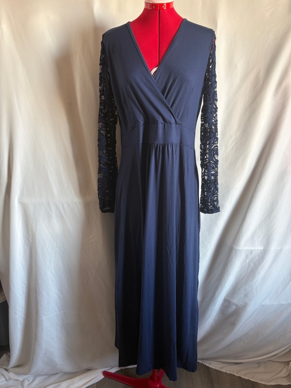 Navy Lace-Sleeve Maxi Dress with Wrap Bodice